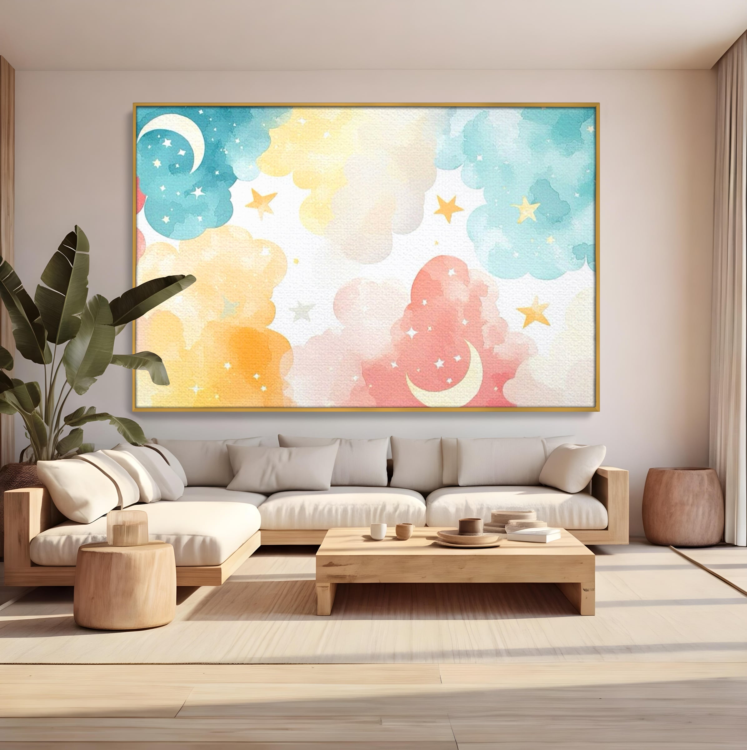 Tablou canvas cu ilustratie canvas cu nori si semiluni, in rama de aluminiu auriu, pe perete intr-un living